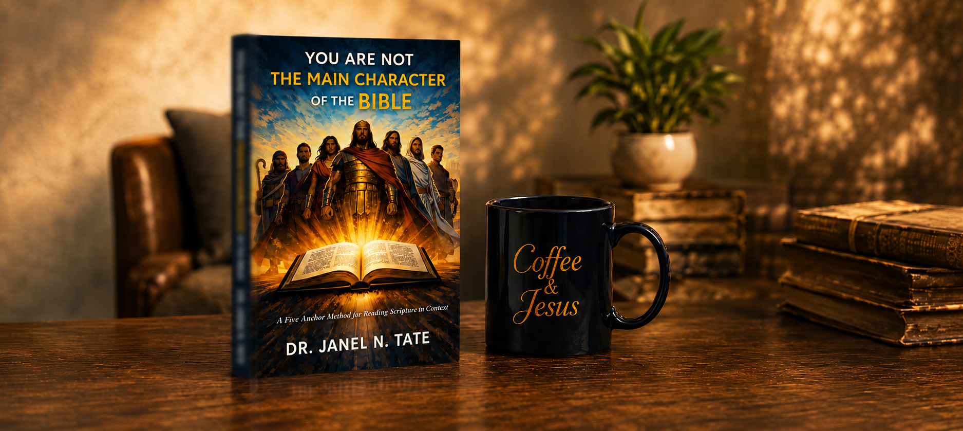 Book and Coffee & Jesus mug on a wooden table
