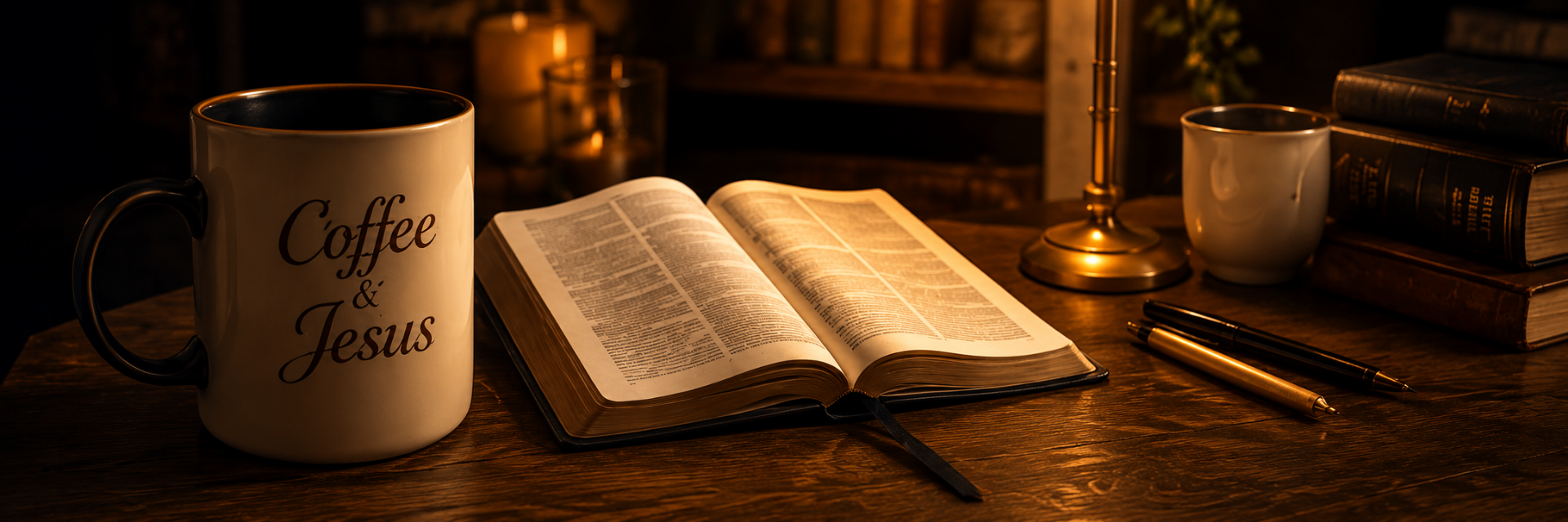 Open Bible, Coffee & Jesus mug, lamp, and books on a wooden desk